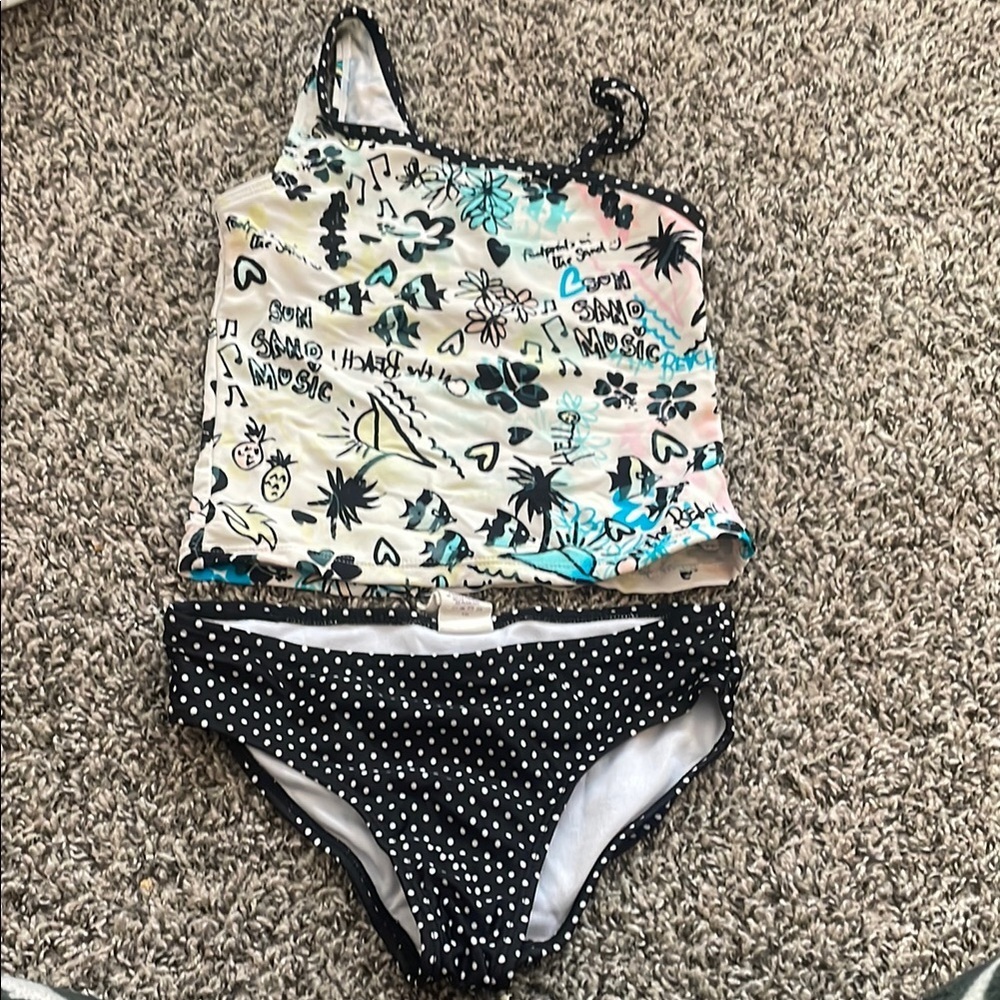 OP Girls Kids Bikini Set - Black and White with Tropical Print